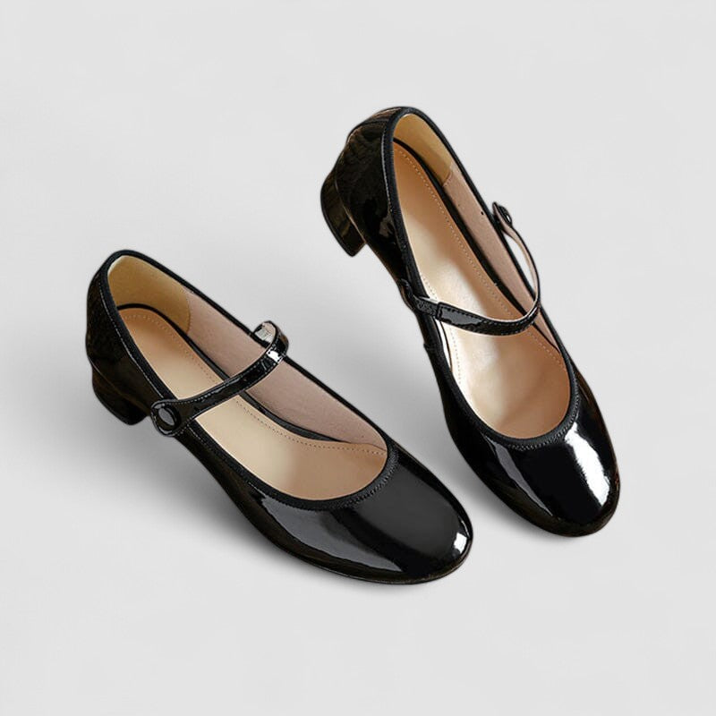 Elegant Patent Leather Mary Jane Heels for Women with Round Toe Ankle Strap Block Heel Style