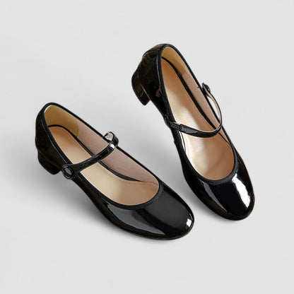 Elegant Patent Leather Mary Jane Heels for Women with Round Toe Ankle Strap Block Heel Style