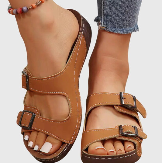 Effortless Leather Wedge Sandals for Women with Double Buckle Open Toe Cut Out Casual Style