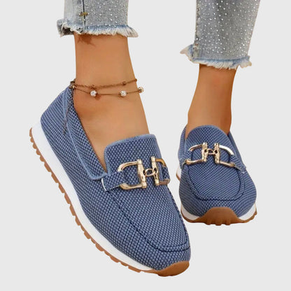 Effortless Knit Mesh Loafer Sneakers for Women with Gold Horsebit Buckle Platform Slip On Style