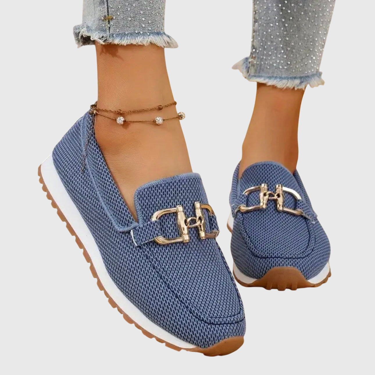 Comfortable Knit Mesh Loafer Sneaker for Women with Gold Horsebit Buckle Platform Slip On Casual Style