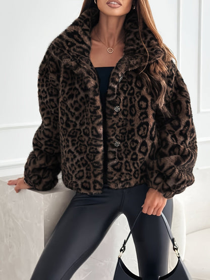 Warm Leopard Print Flurry Coat for Women with Faux Fur Collar Long Sleeve Soft Warm Cold Weather Style