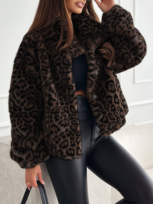 Warm Leopard Print Flurry Coat for Women with Faux Fur Collar Long Sleeve Soft Warm Cold Weather Style