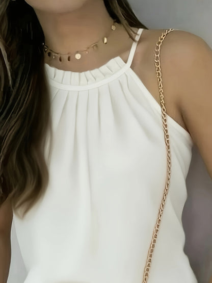 Elegant Satin Halter Top for Women with High Neck Sleeveless Pleated Relaxed Style