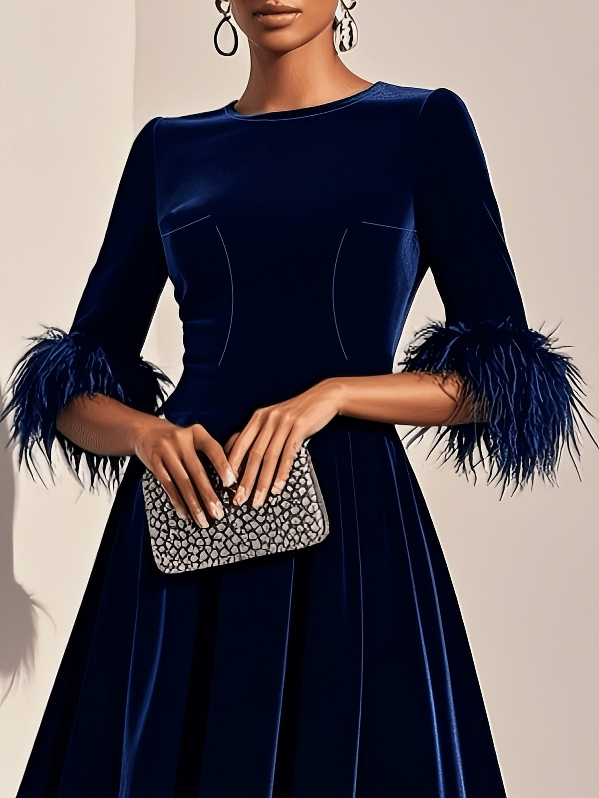 Effortless Velvet Semi Formal Dress for Women with Round Neck Feather Trim Sleeve Flared Midi Occasion Style
