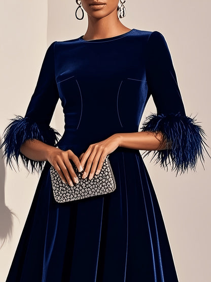 Effortless Velvet Semi Formal Dress for Women with Round Neck Feather Trim Sleeve Flared Midi Occasion Style