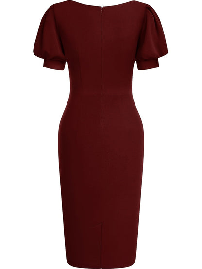 Effortless Cocktail Dress for Women with Scalloped V Neck Balloon Sleeve Bodycon Knee Length Occasion Style