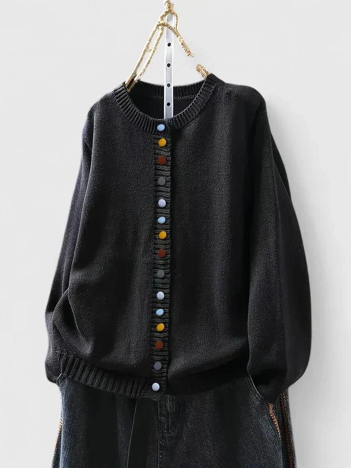 Warm Knit Cardigan for Women with Crew Neck Button Front Long Sleeve Ribbed Knit Easy Style
