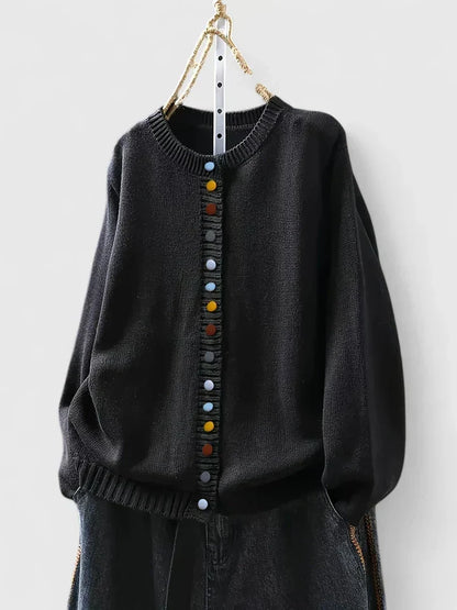 Warm Knit Cardigan for Women with Crew Neck Button Front Long Sleeve Ribbed Knit Easy Style