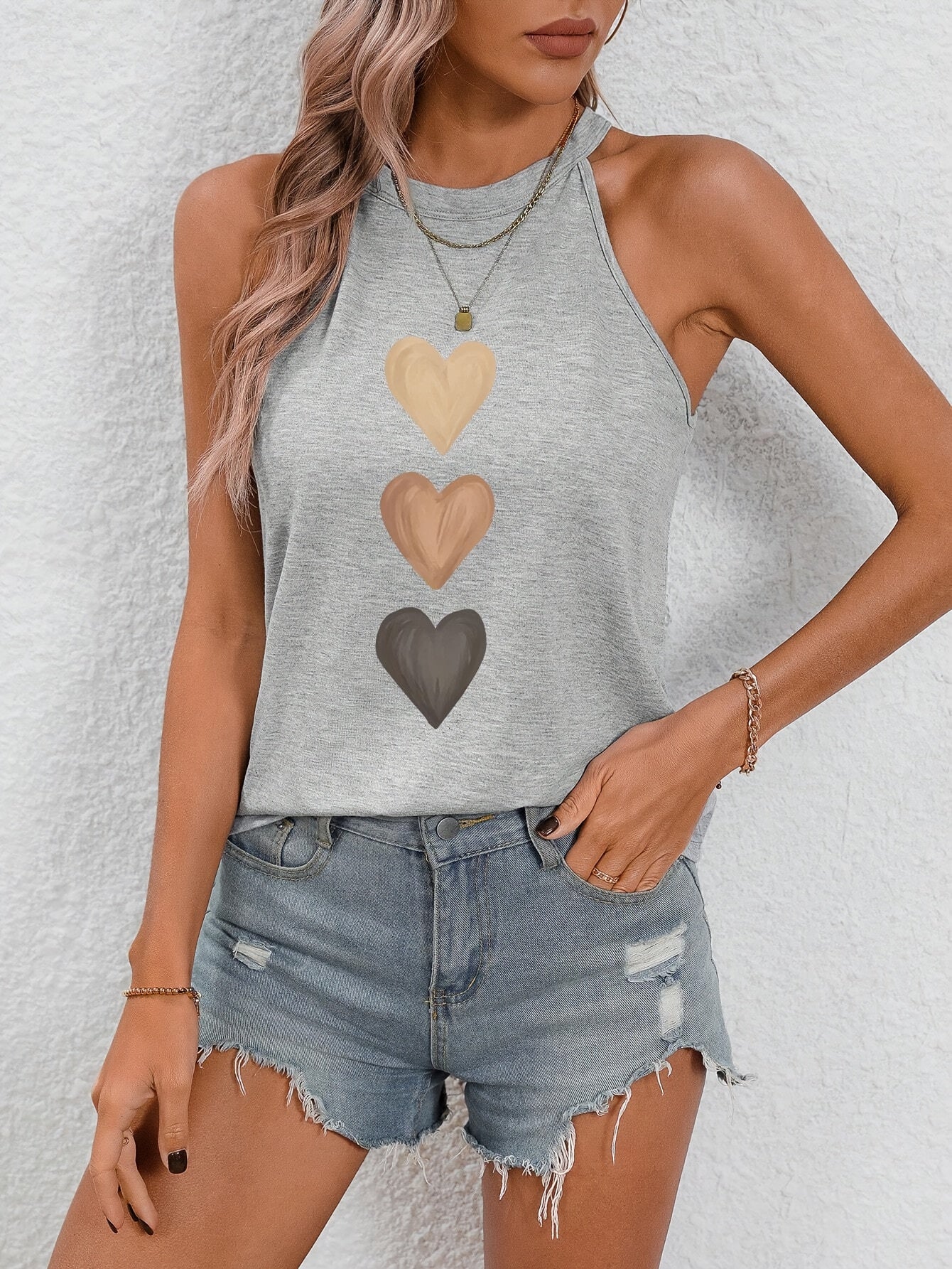 Effortless Heart Print Tank Top for Women with High Neck Sleeveless Racerback Casual Style