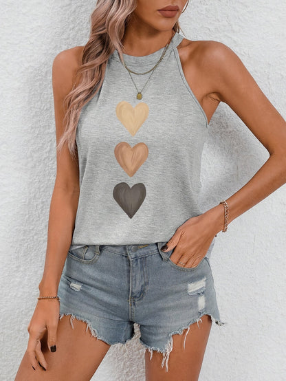 Effortless Heart Print Tank Top for Women with High Neck Sleeveless Racerback Casual Style