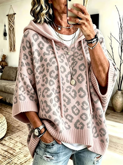 Easy Leopard Print Oversized Hoodie for Women with Hooded Neck Batwing Sleeve Drawstring Knit Style