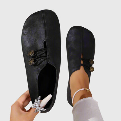 Effortless Distressed Leather Flat Loafer for Women with V Cut Vamp Elastic Strap Button Detail Casual Style