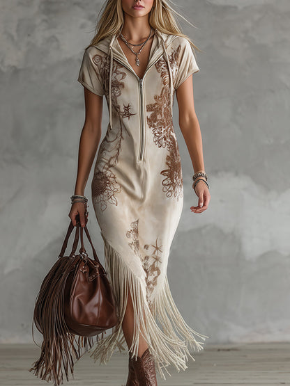 Effortless Off-White Tribal Print Hooded Maxi Dress for Women with Zip Front Short Sleeve Fringe Hem Bohemian Style