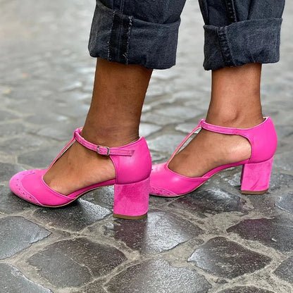 Elegant Colorblock T Strap Pump for Women with Round Toe Buckle Strap Perforated Block Heel Style