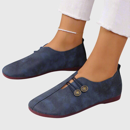 Effortless Distressed Leather Flat Loafer for Women with V Cut Vamp Elastic Strap Button Detail Casual Style