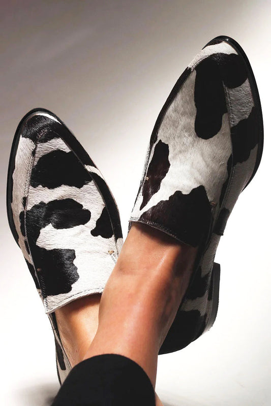 Stylish Cow Print Loafer for Women with Pointed Toe Slip On Calf Hair Style