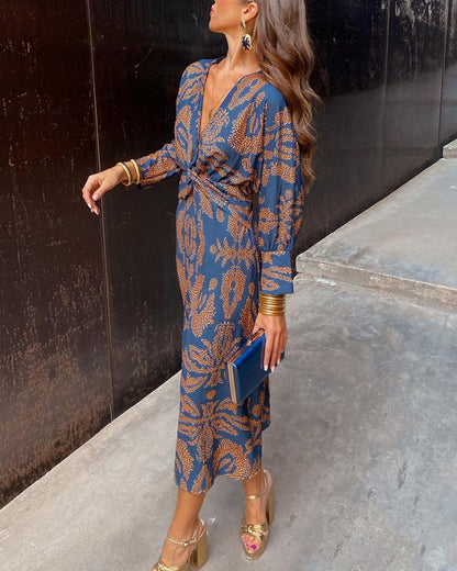 Effortless Paisley Print Midi Dress for Women with V Neck Long Sleeve Twist Front Bohemian Style