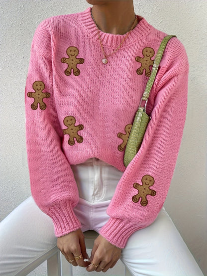 Warm Pink Gingerbread Christmas Tacky Sweater for Women with Round Neck Long Sleeve Knit Pullover Festive Style