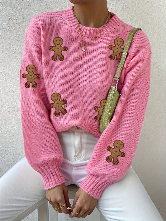 Warm Pink Gingerbread Christmas Tacky Sweater for Women with Round Neck Long Sleeve Knit Pullover Festive Style