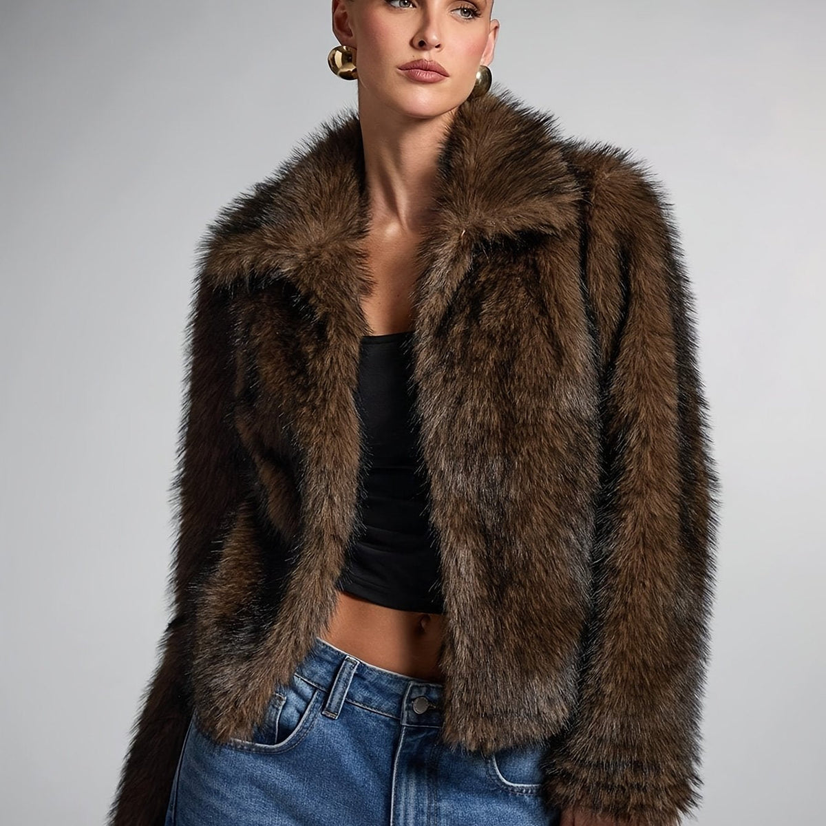 Women's Spread Collar Cropped Faux Fur Coat