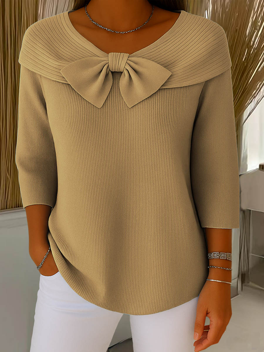 Elegant Bow Collar Sweater for Women with V Neck Elbow Sleeve Ribbed Knit Relaxed Style