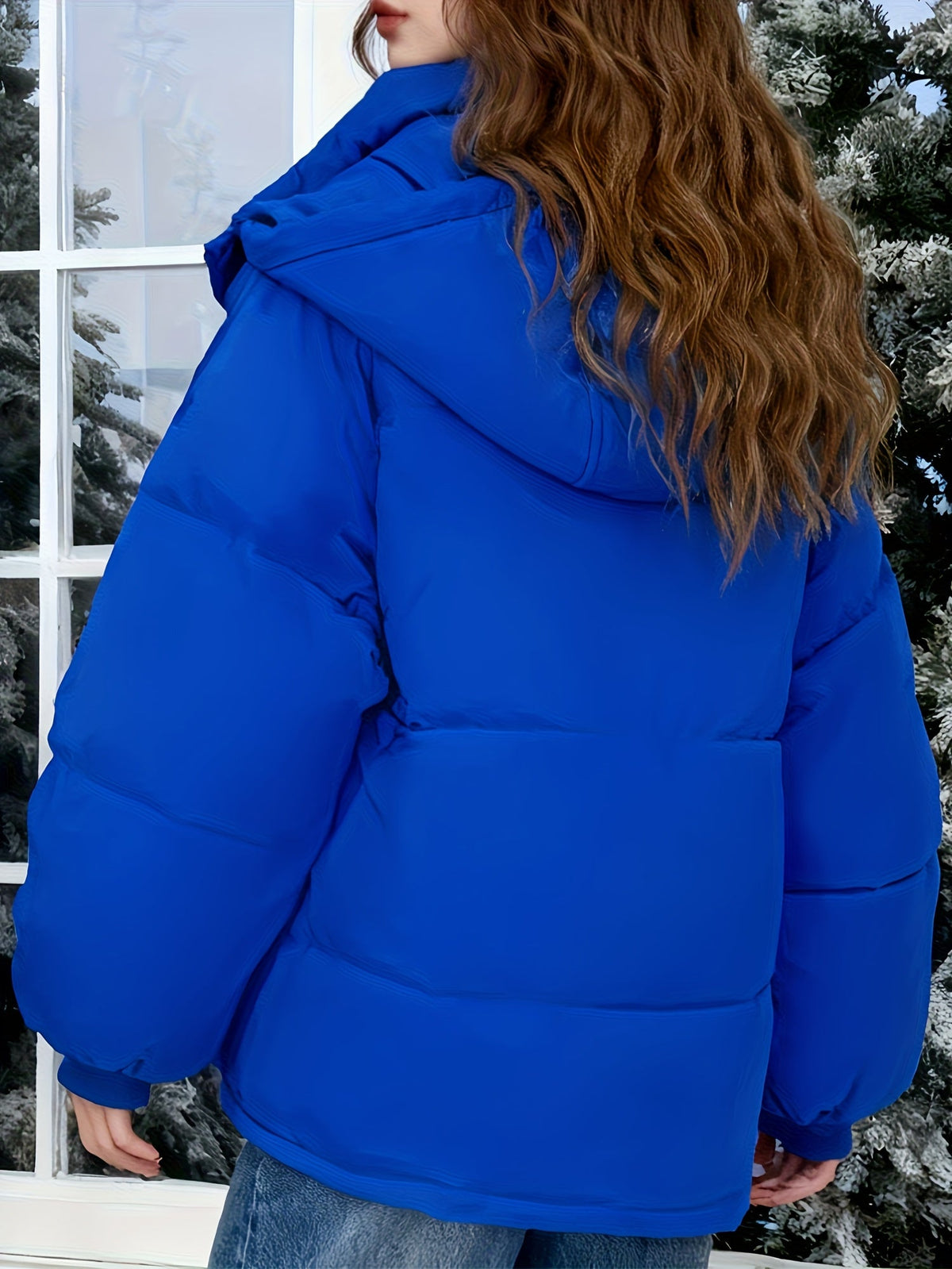 Warm Blue Puffer Ski Jacket for Women with Hooded Long Sleeve Oversized Flap Pocket Daily Style