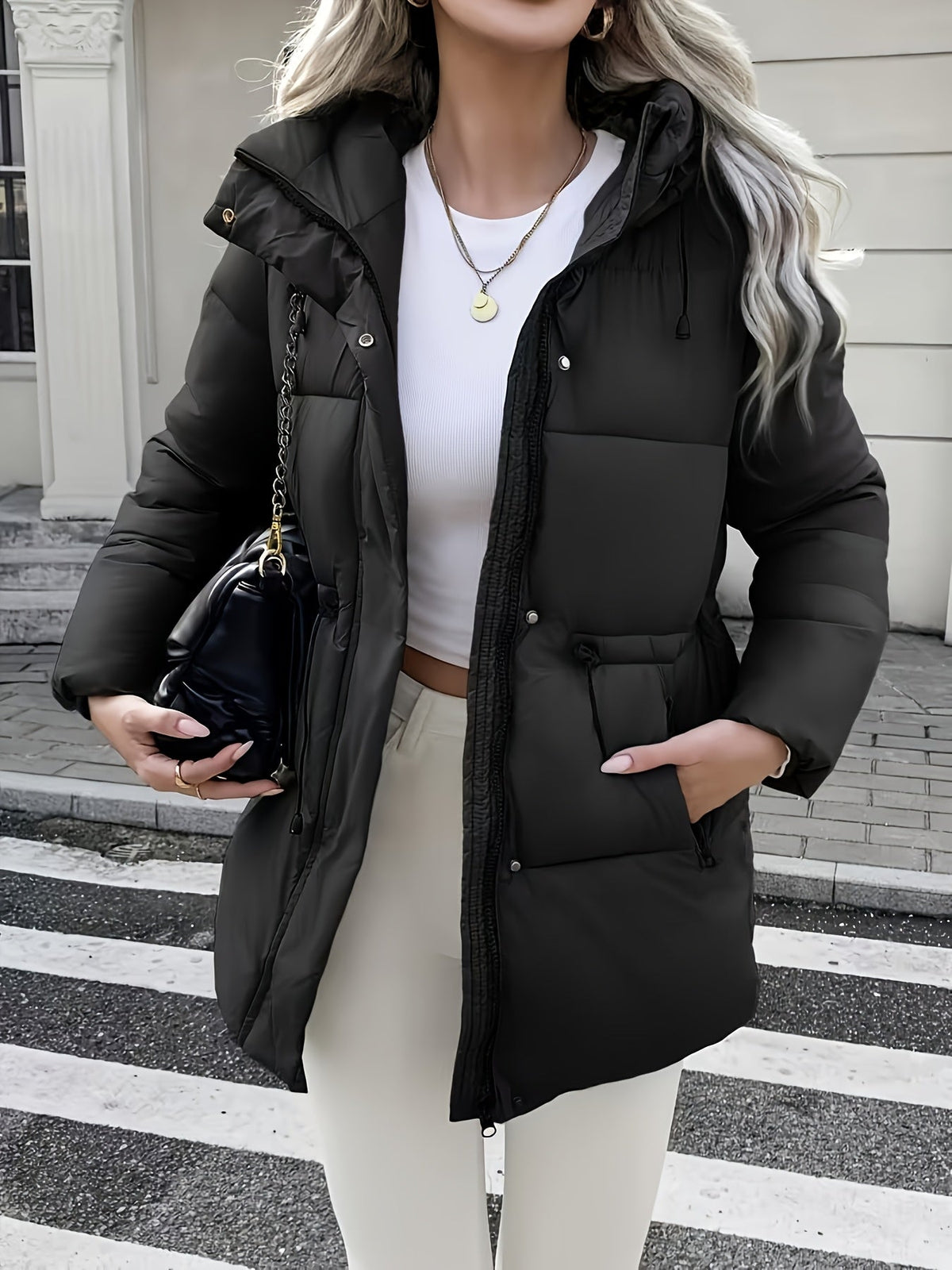 Warm Padded Ski Jacket for Women with Hooded Long Sleeve Elastic Drawstring Zip Pocket Style