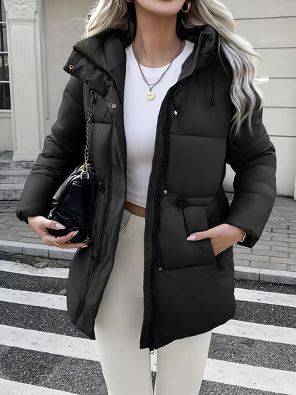 Warm Padded Ski Jacket for Women with Hooded Long Sleeve Elastic Drawstring Zip Pocket Style