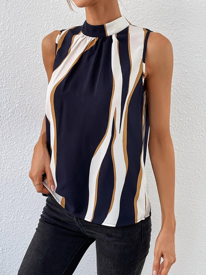 Elegant Multicolor Wavy Stripe Blouse for Women with Mock Neck Sleeveless Tie Back Silky Style