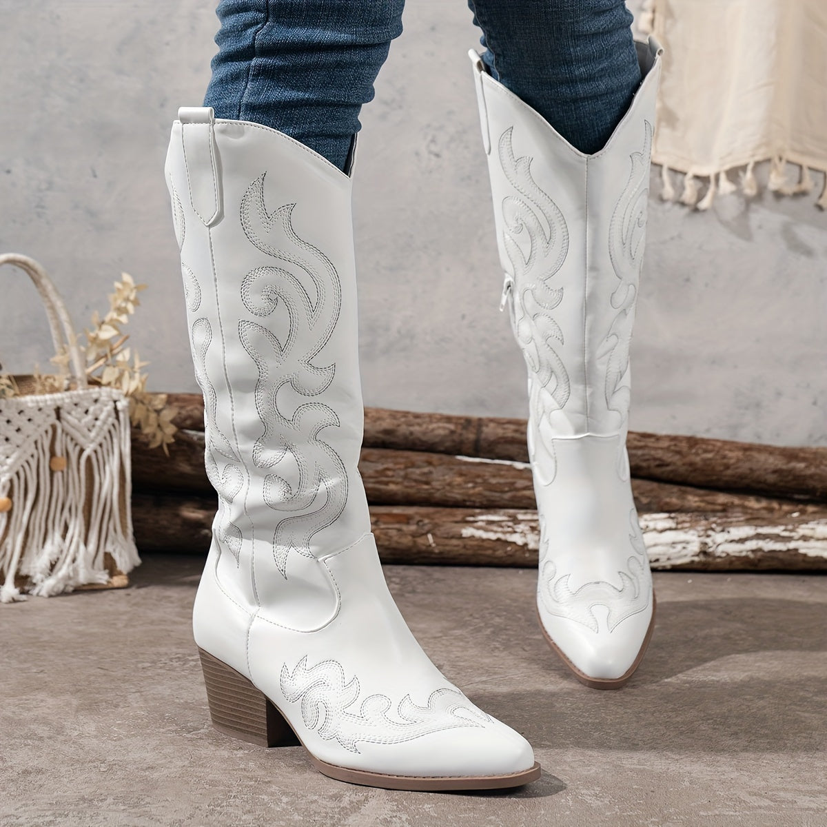 Modern White Western Boots for Women with Embroidered Shaft Block Heel Tall Cowboy Style