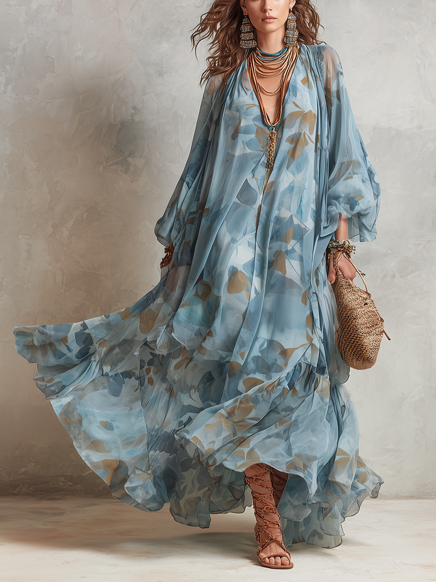 Effortless Blue Floral Maxi Dress for Women with V Neck Bell Sleeve Flowing Bohemian Style