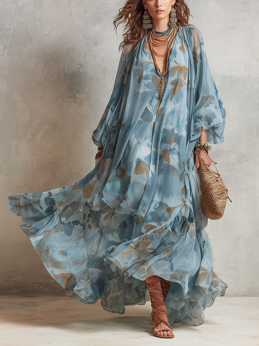 Effortless Blue Floral Maxi Dress for Women with V Neck Bell Sleeve Flowing Bohemian Style