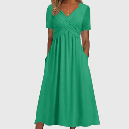 Elegant Wrap Midi Dress for Women with Sweetheart Neck Short Sleeve Crisscross Pleated Flowing Style