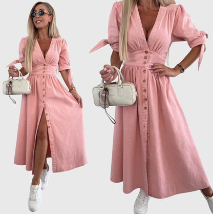 Effortless Denim Maxi Dress for Women with V Neck Elbow Sleeve Button Front Flowing Casual Style