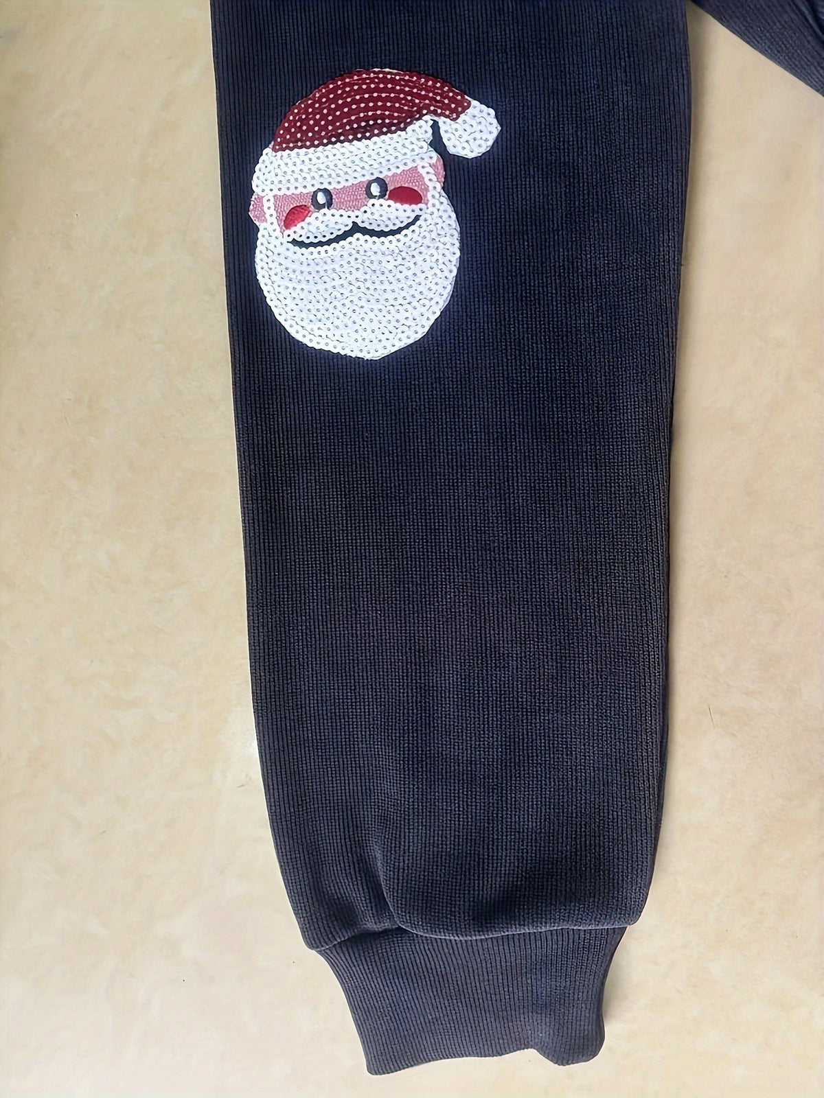 Easy Dark Gray Corduroy Christmas Sweater for Women with Crew Neck Long Sleeve Sequin Santa Relaxed Fit Knit Style