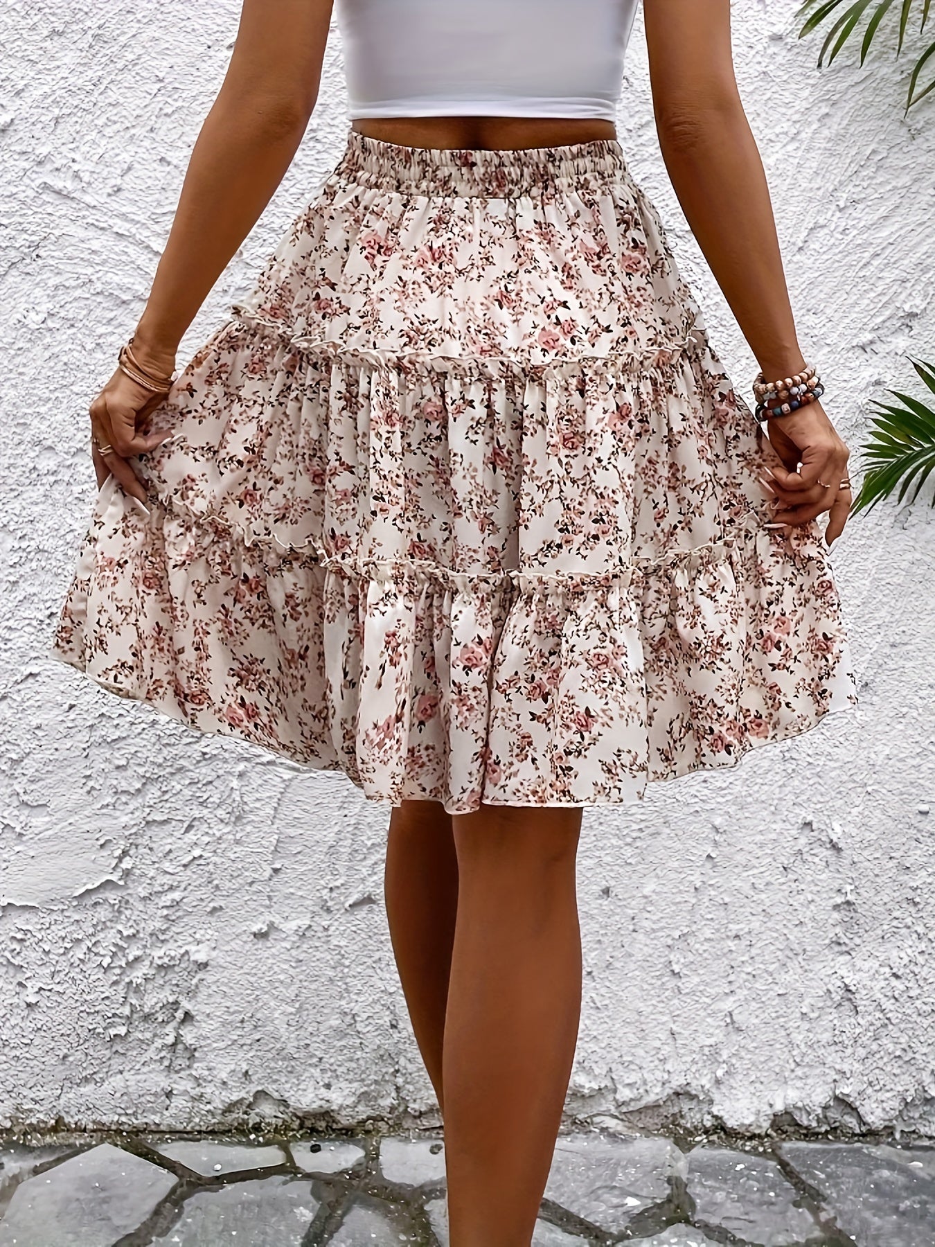 Effortless Pink Floral Tiered Mini Skirt for Women with Elastic Waist Drawstring Ruffle Boho Style