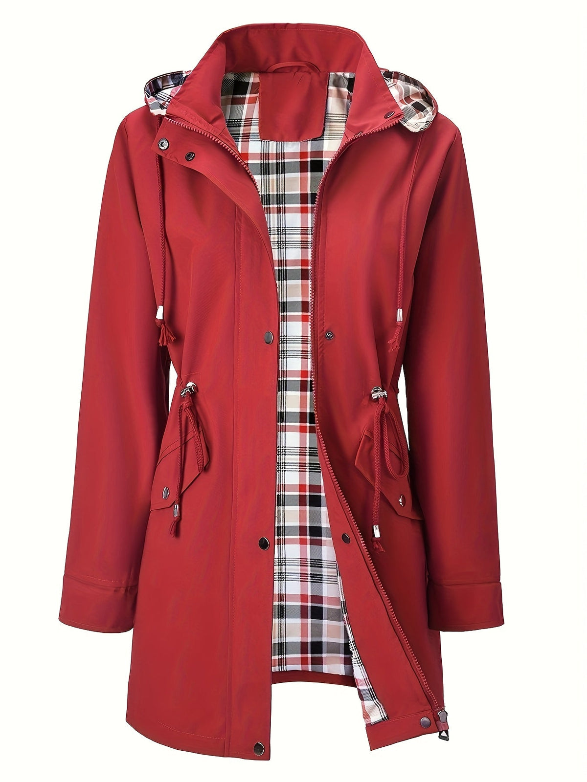 Chic Red Hooded Rainwear Jacket for Women with Plaid Lining Drawstring Waist Front Zip All Weather Style