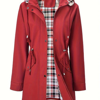 Chic Red Hooded Rainwear Jacket for Women with Plaid Lining Drawstring Waist Front Zip All Weather Style
