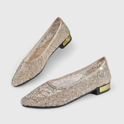 Elegant Lace Mesh Ballet Flat for Women with Pointed Toe Sequin Embellished Block Heel Style