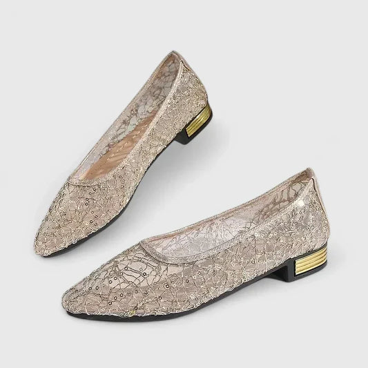 Elegant Lace Mesh Ballet Flat for Women with Pointed Toe Sequin Embellished Block Heel Style