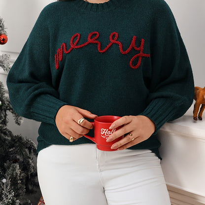 Warm Green Merry Letter Christmas Tacky Sweater for Women with Round Neck Long Sleeve Knit Pullover Festive Style