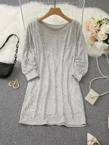 Elegant Sequin Cocktail Dress for Women with One Shoulder Batwing Sleeve Bodycon Sparkle Formal Party Style