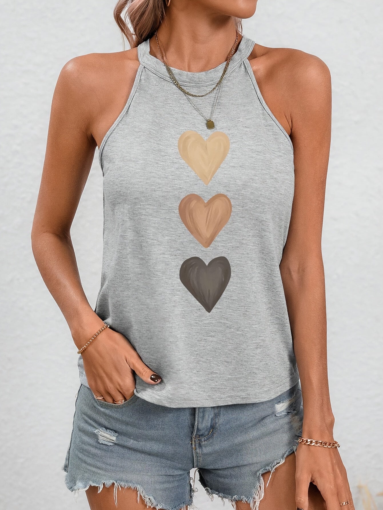 Effortless Heart Print Tank Top for Women with High Neck Sleeveless Racerback Casual Style