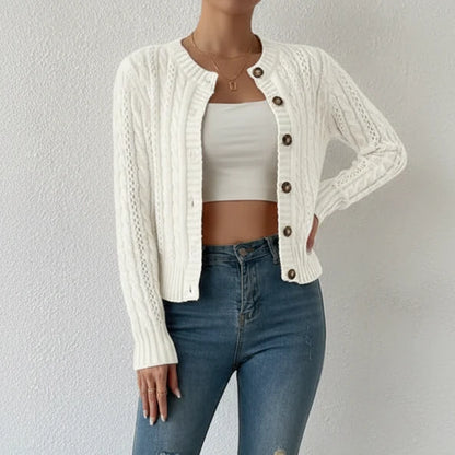Women's Twisted Knit Button Front Round Neck Cardigan