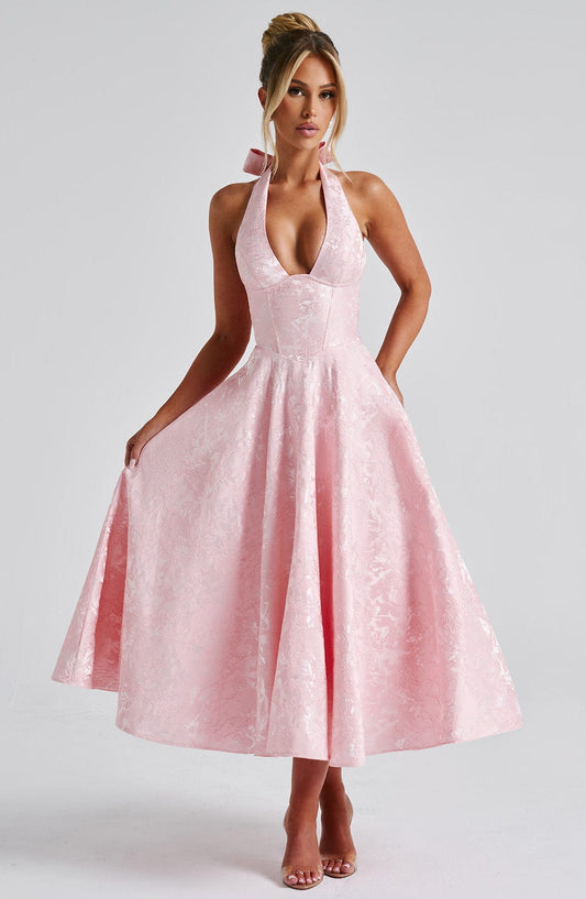 Elegant Pink Jacquard Autumn Wedding Guest Dress for Women with Halter Sweetheart Neckline Lace Up Back Fit Flare Style
