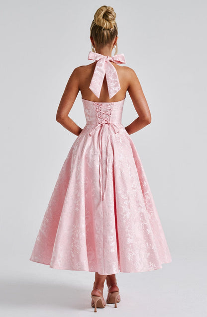 Elegant Pink Jacquard Autumn Wedding Guest Dress for Women with Halter Sweetheart Neckline Lace Up Back Fit Flare Style