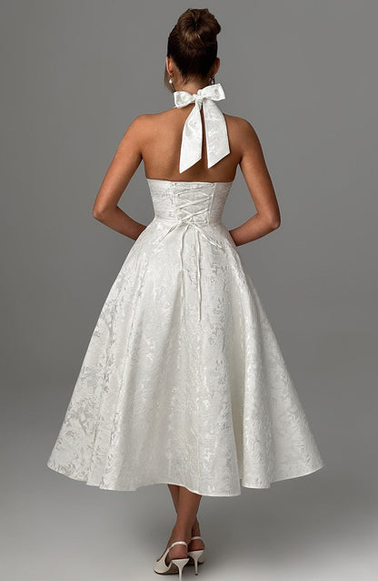 Elegant Pink Jacquard Autumn Wedding Guest Dress for Women with Halter Sweetheart Neckline Lace Up Back Fit Flare Style
