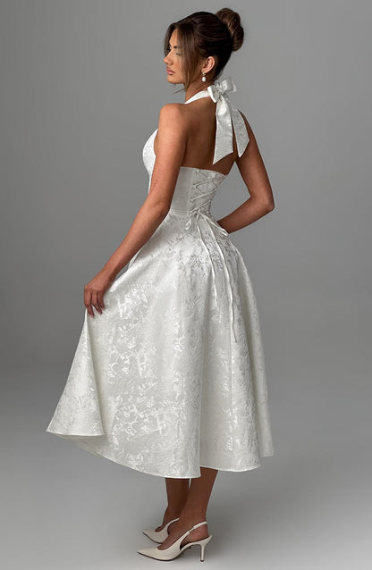 Elegant Pink Jacquard Autumn Wedding Guest Dress for Women with Halter Sweetheart Neckline Lace Up Back Fit Flare Style