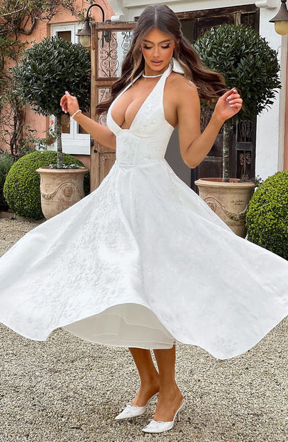 Elegant Pink Jacquard Autumn Wedding Guest Dress for Women with Halter Sweetheart Neckline Lace Up Back Fit Flare Style